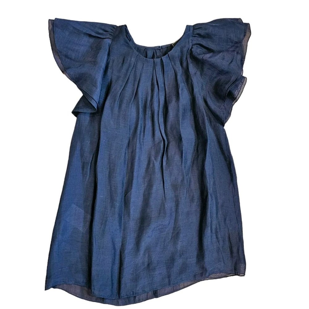 BCBG Maxazria XXS Navy Blue Blouse Top Pleated Flowy Ruffle Sleeve Summer‎